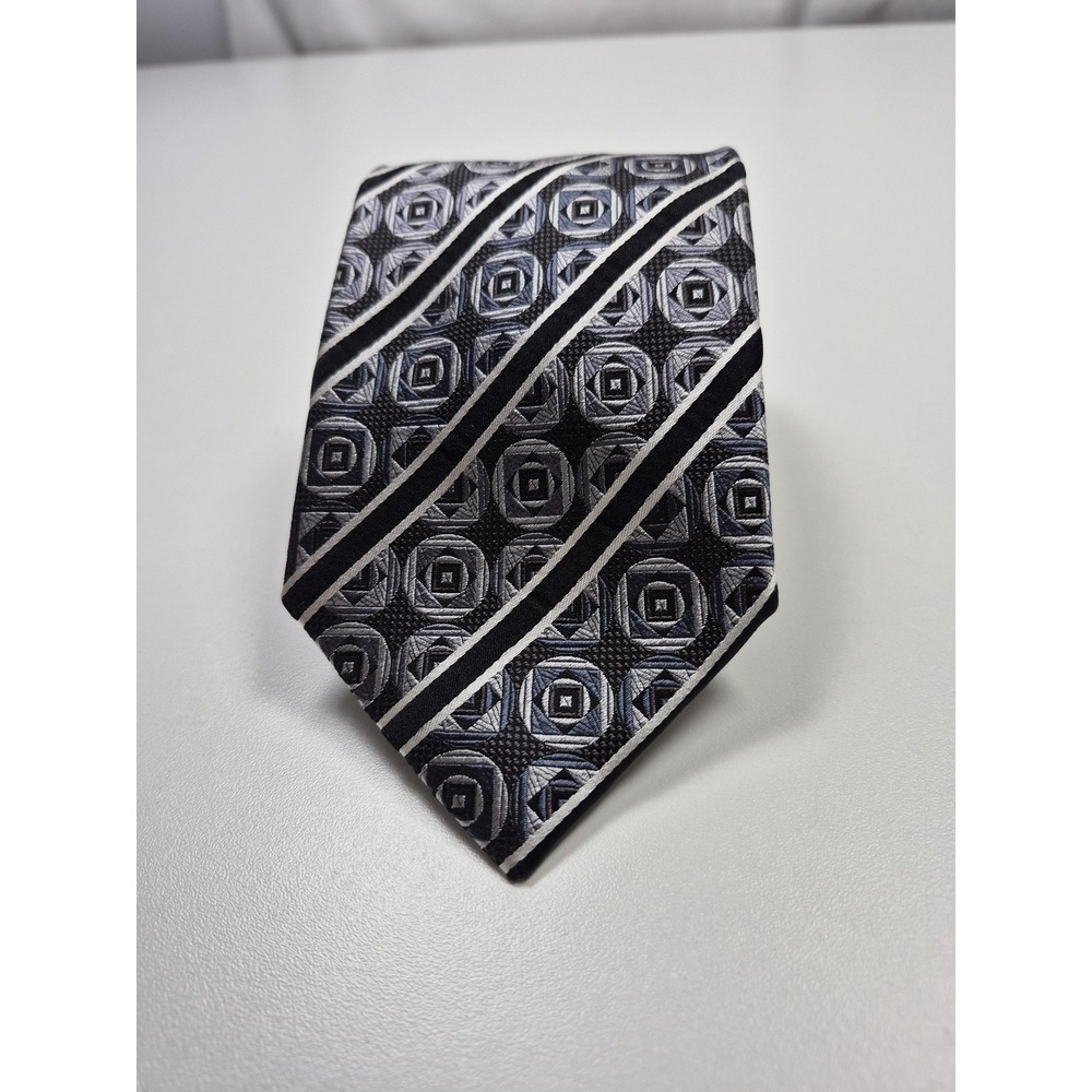 SETAZONE Tie Mens One Size Black Geometric 100% Silk Pointed Classic Handmade